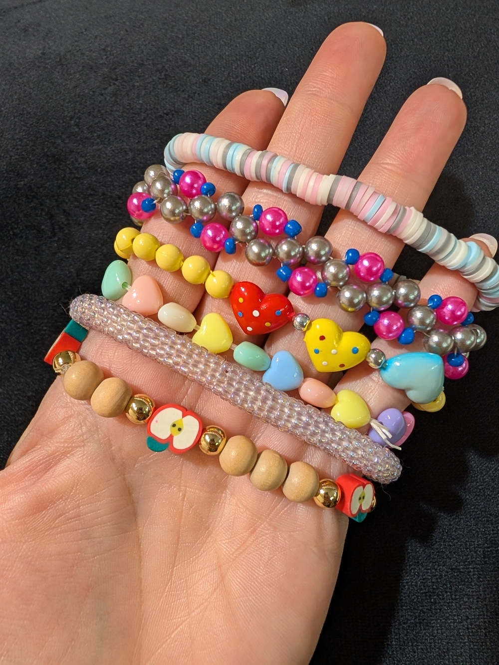 Kids Multi-Color Beaded Heart & Apple Bracelet 6 Pcs Set